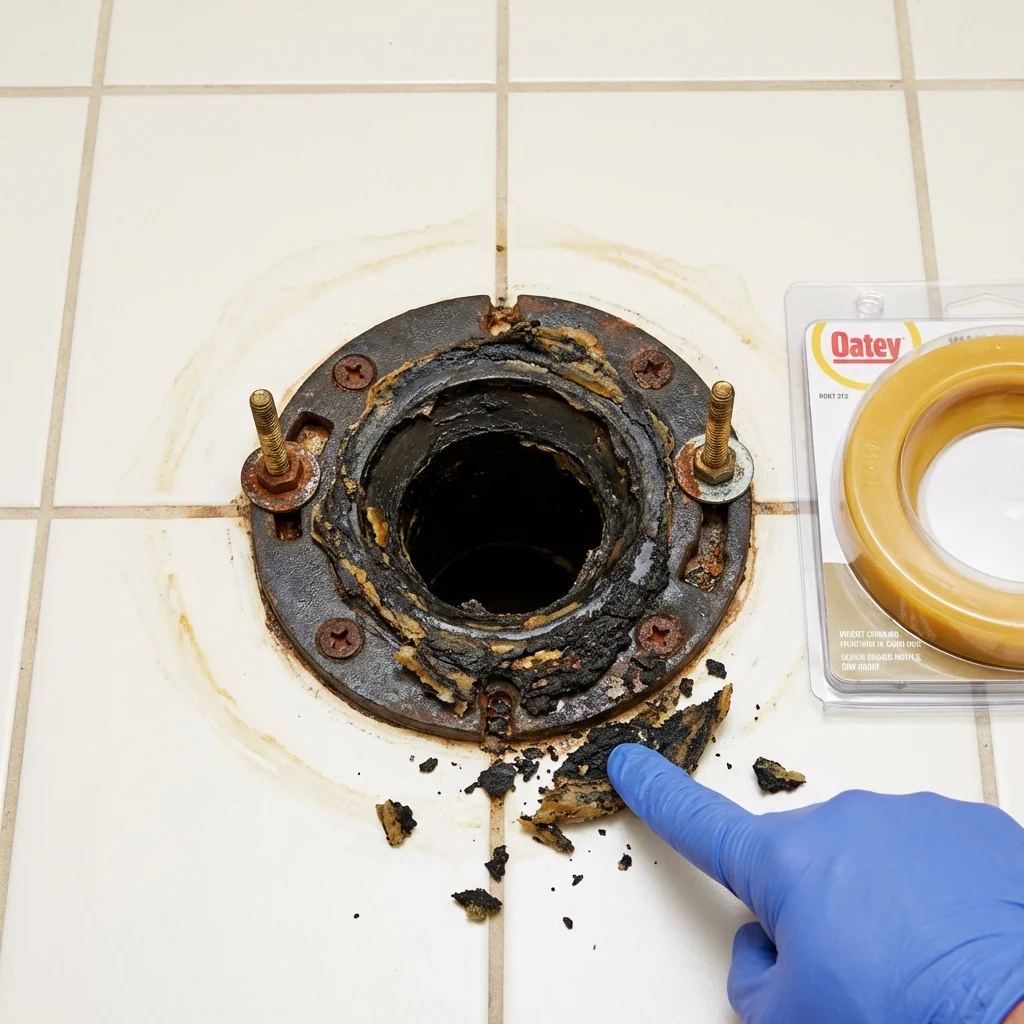 Failed wax ring showing water seepage at the base of a toilet in a Folkston, GA home
